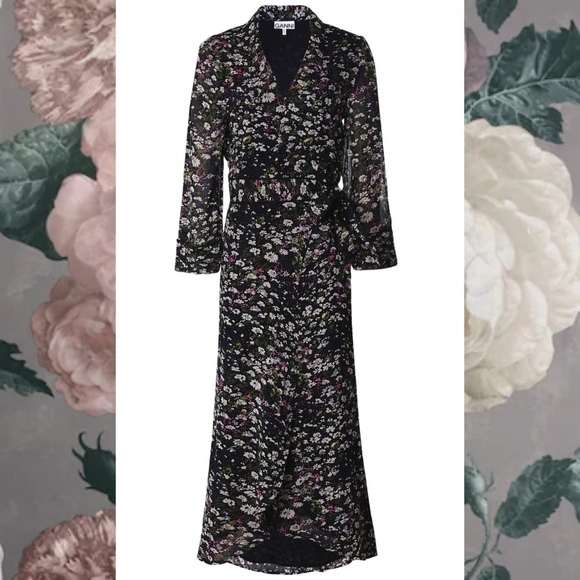 Ganni Floral Print Georgette Wrap Dress - Picture 1 of 12